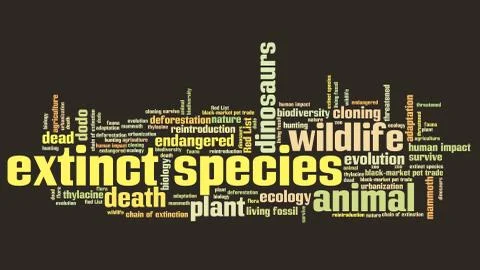 Extinct species - environment issues and concepts word cloud illustration. Wo Stock Illustration