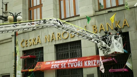 Extinction rebellion demonstration blocking block Czech National Bank blockade Stock Footage 156869250