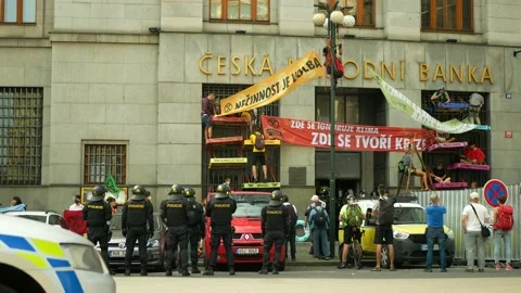 Extinction rebellion demonstration protest blocking block Czech National Bank Stock Footage 157607485