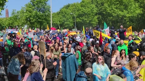 Extinction Rebellion protesters blocking the A12 highway in The Hague Stock Footage 242415762