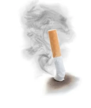 Extinguised sigarette with smoke cloud. Stock Photos