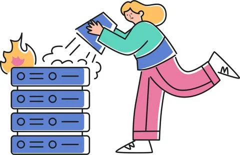 Extinguish the Burning Server with Water Illustration - Crisis Management Stock Illustration