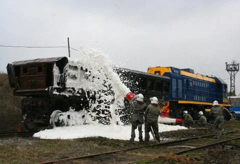 Extinguish the fire on the railroad, fire train Stock Photos