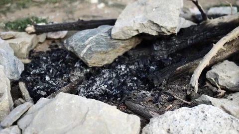 Extinguished campfire.Old firecamp.Place ready for fire. Stock Footage