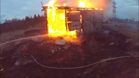 Extinguishing the building. The collapse of the wall. Fire protection. Stock Footage 77166787