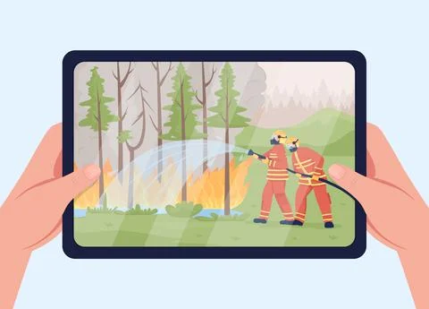 Extinguishing wildfire on tablet flat color vector illustration Stock Illustration