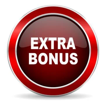 Extra bonus red circle glossy web icon, round button with metallic border 스톡 일러스트