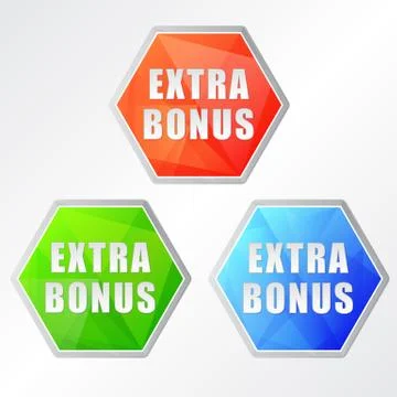 Extra bonus, three colors hexagons labels Stock Illustration