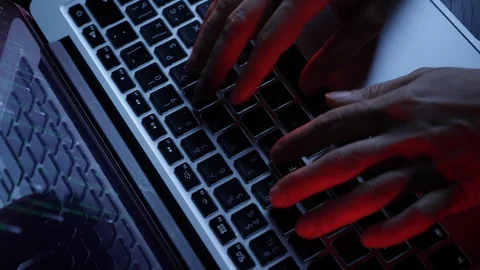 Extra close up of hacker fingers typing on laptop keyboard. Hands coding web Stock Footage 125213234