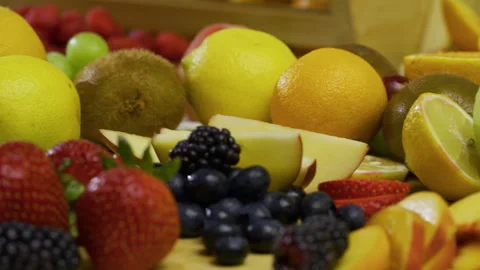 Extra closeup on delicious fruit scattered in kitchen Vídeo Stock 341228437