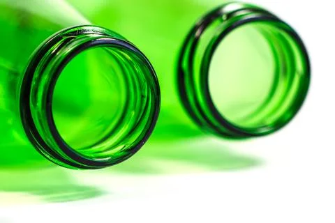Extra Closeup of Green Bottles White Background with focus on Left Bottle Stock Photos