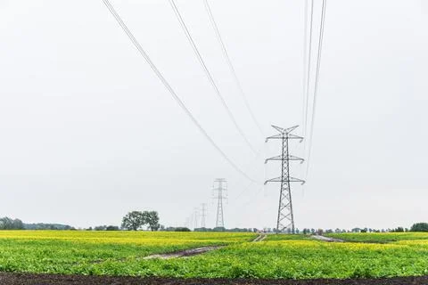 Extra-high voltage 400 kV overhead power line on large pylons, green field. Stock Photos