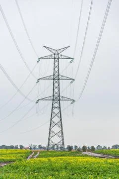 Extra-high voltage 400 kV overhead power line on large pylons, Stock Photos