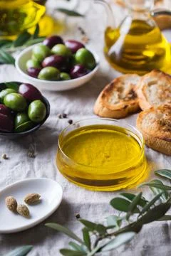 Extra virgin olive oil on a table Stock Photos