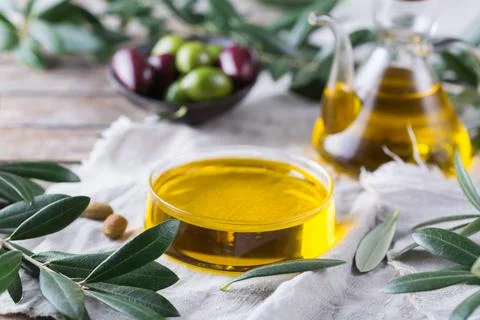 Extra virgin olive oil on a table Stock Photos