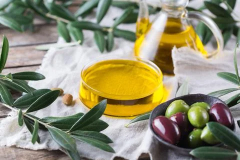Extra virgin olive oil on a table Stock Photos