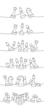 Extra wide continuous line chess illustration with all strategic pieces in Stock Illustration