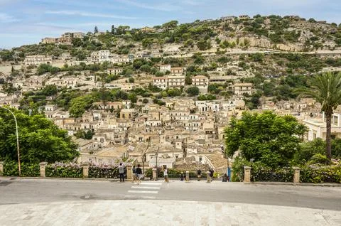 Extra wide High angle view of the historic center of Modica Stock Photos