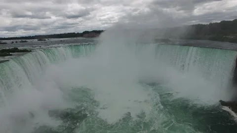 Extra wide shot of drone turning in middle of Niagara Fall's mist cloud Video stock 152255093