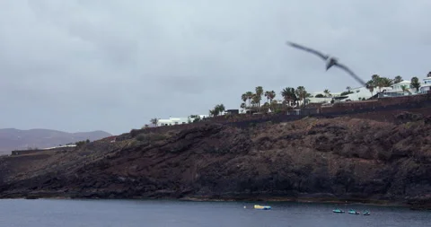 Extra Wide shot of a whitewashed holiday villa on the coastline of Lanzarote 動画素材 336706812