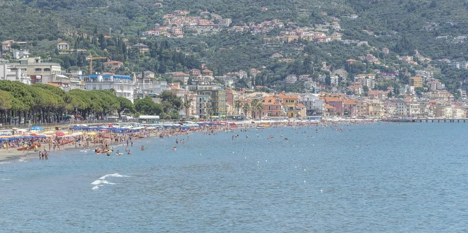 Extra wide view of Alassio with his beautiful beach Stock Photos