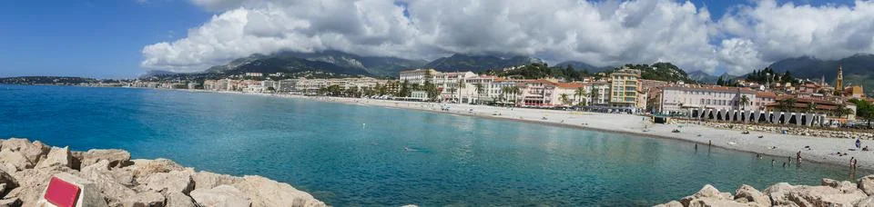 Extra wide view of the seafront of Menton Stock Photos