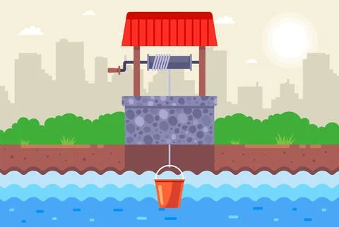 Extract clean drinking water from underground. homemade stone well with a bucket Stock Illustration
