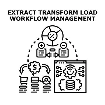 Extract transform load etl workflow management data processing Stock Illustration