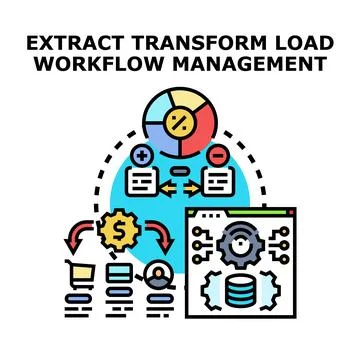 Extract transform load etl workflow management data processing Stock Illustration