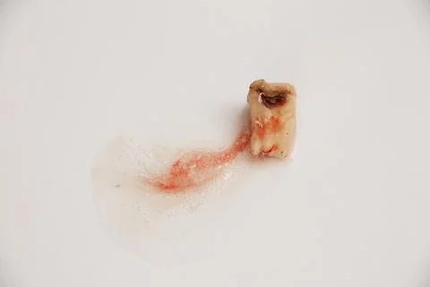 An extracted tooth destroyed by caries and a hole in the middle lies on a w.. Stock Photos