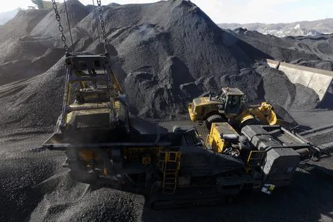 Extraction and processing of coal. A bulldozer transfers coal onto a conveyor Stock Photos