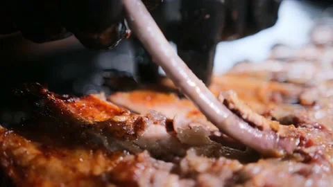 Extraction of bones from pig ribs. Stock Footage 167706307