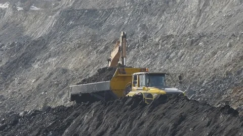Extraction of coal in a quarry by an excavator Stock Footage 81263293
