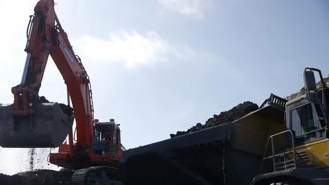 Extraction of coal in a quarry by an excavator Stock Footage 81263327