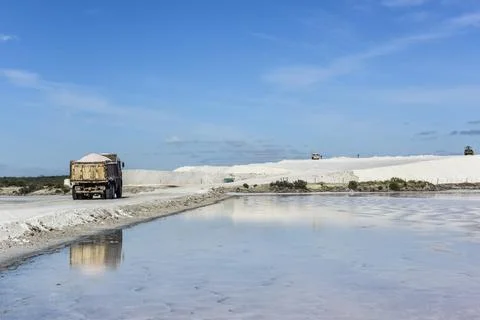 Extraction of raw material salt, from an open pit mine, La Pampa, Argentina Stock Photos