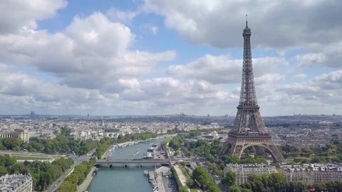 Extraordinary aerial shot of the Eiffel Tower in Paris Stock Footage