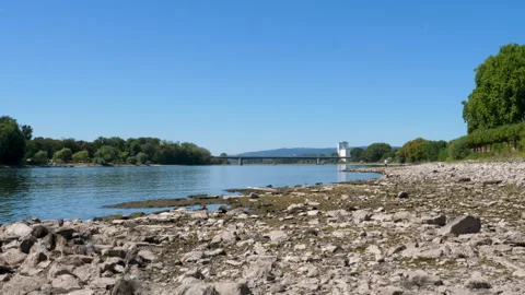 Extraordinary low water level at River Rhine, Germany Stock Footage 342051075