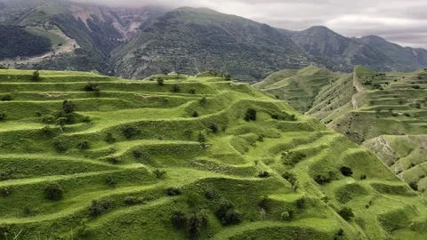 Extraordinary stepped mountains, undulating mountains, green mountains Stock Footage 260003604