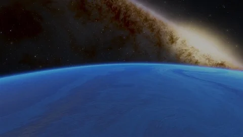 Extrasolar Kepler Planet Surface Blue Gas Giant and Milky Way Galaxy Stock Footage 84953348