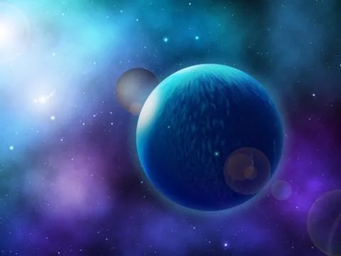 Extrasolar planet system. Blue Planet with Stone Moon - Exoplanet in Deep Space. Illustrazione stock