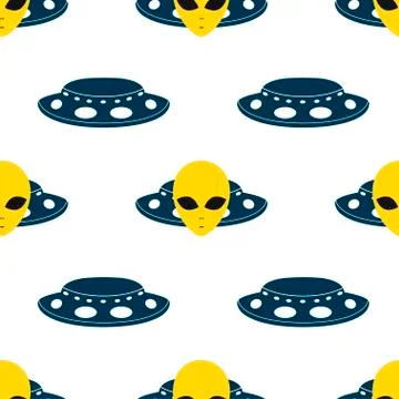 Extraterrestrial Alien Face or Head and UFO Flying Saucer Symbol Flat Vector Stock Illustration
