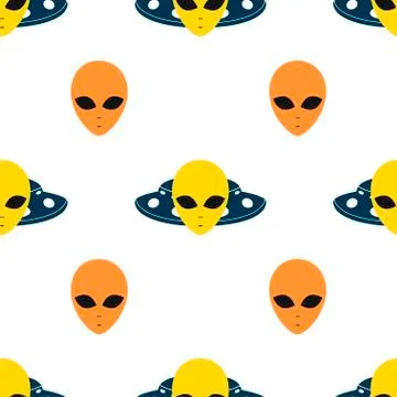 Extraterrestrial Alien Face or Head and UFO Flying Saucer Symbol Flat Vector Stock Illustration
