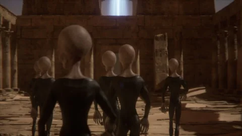 Extraterrestrial beings navigate towering columns of ancient pharaonic temple Stock Footage 291861991