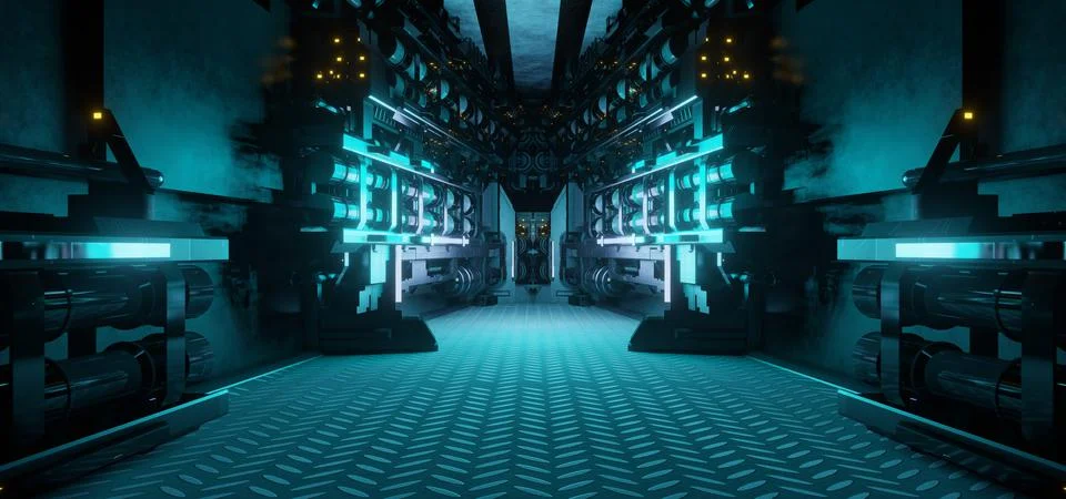 Extraterrestrial Club Futuristic Hallway Spaceship Interior Deep Blue Green C Stock Photos
