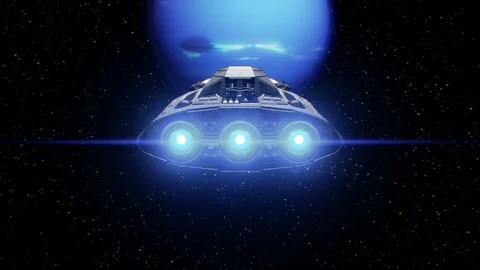 Extraterrestrial spaceship on Neptune background Stockbeeldmateriaal 84947574
