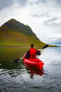 Extreme adventure sport, Iceland kayaking, paddling on kayak, ou Stock Photos
