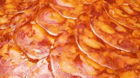 Extreme close-up of chorizo captured with a sliding motion. Stock Footage 313833231