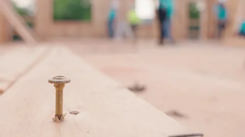 Extreme Close Up of Construction Screw in Wood Framing Stock Footage 345184535