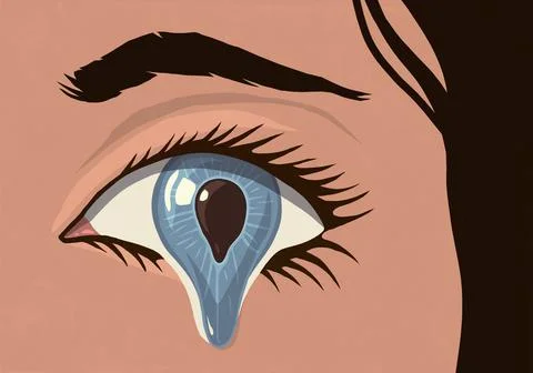 Extreme close up of crying woman's eye forming blue teardrop Stock Illustration