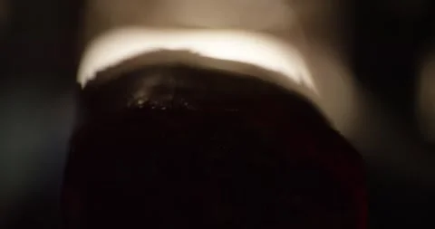 Extreme close up of a dark red glossy sausage surface with warm backlight Stock Footage 339978892